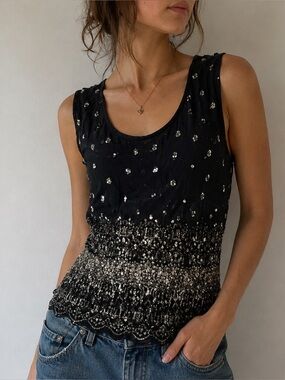 Vintage‎ 90s Y2K Nicola Black Sleeveless Crinkle Top Size L Boho Festival